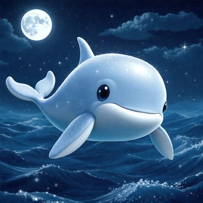 The primary subject of the image is a blue and white whale. The whale is flying through the air, with a moon visible in the background. The setting appears to be a nighttime ocean, with the whale flying above the water. The visual style of the image is digital art, as it is a well-crafted and detailed illustration. The colors and mood of the image are serene and peaceful, with the blue whale and the moon creating a calming atmosphere.